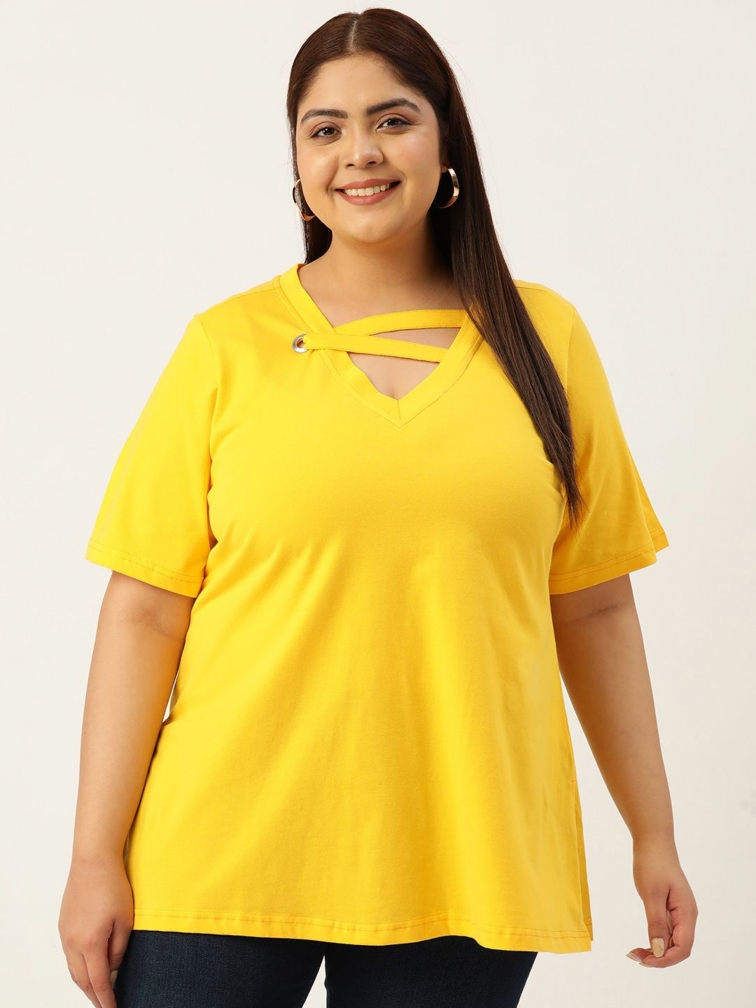 

theRebelinme Women Solid V-Neck Cotton T-shirt, Mustard