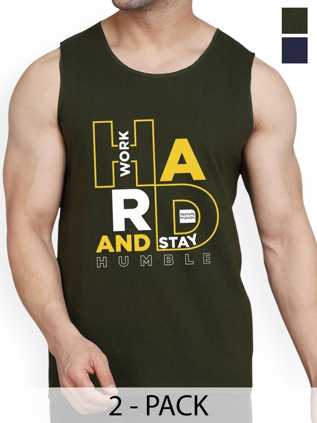 

WOOSTRO Pack Of 2 Printed Cotton Gym Vests RS26 CMB (HARD NAVY) (HARD OLIVE), Navy blue