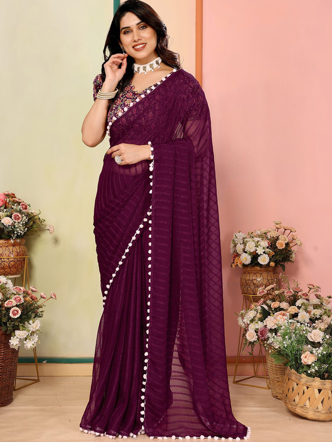

Mitera Women Striped Saree With Unstitched Blouse Piece, Purple
