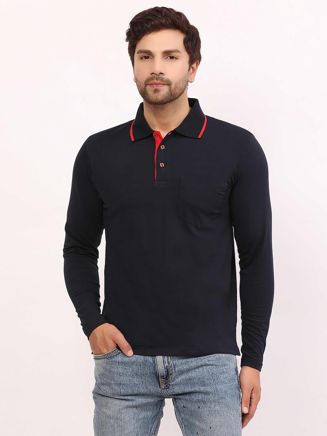 

ALARM Men Solid Polo Collar Cotton T-shirt, Navy blue