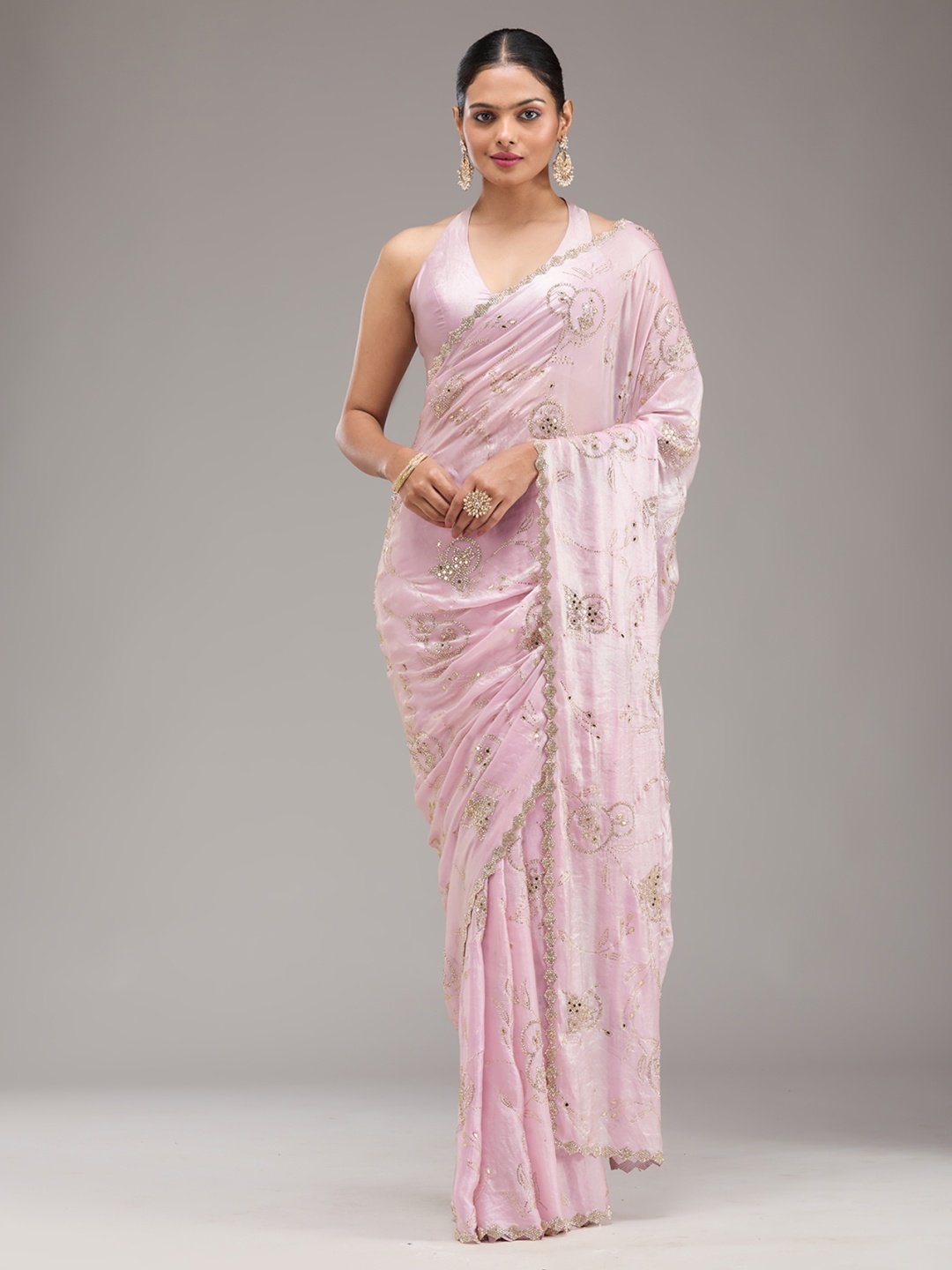 

Koskii Sequinned Pink Embellished Tissue Saree