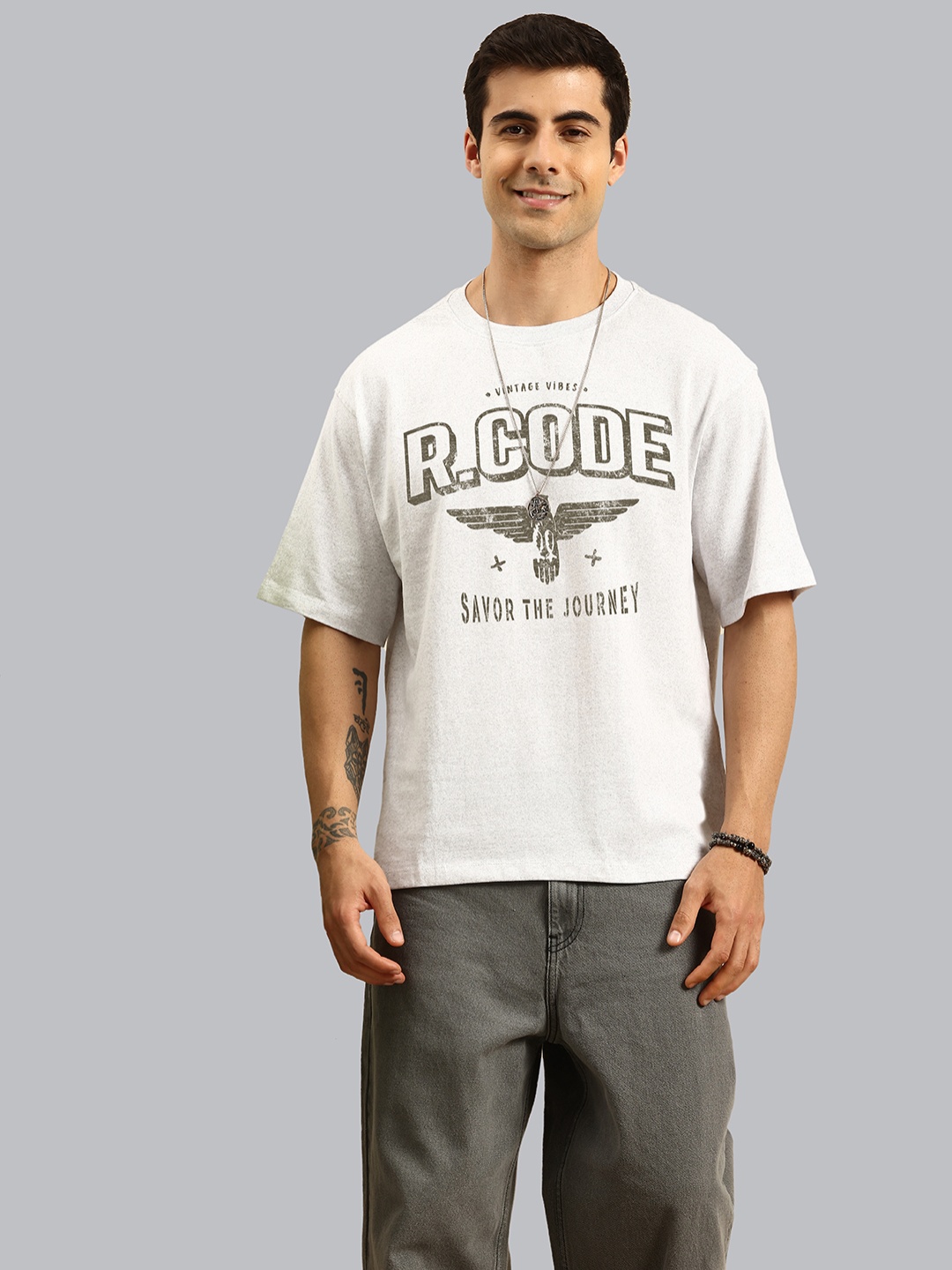 

R.Code by The Roadster Life Co. Men Dyed Raw Edge T-shirt, Silver