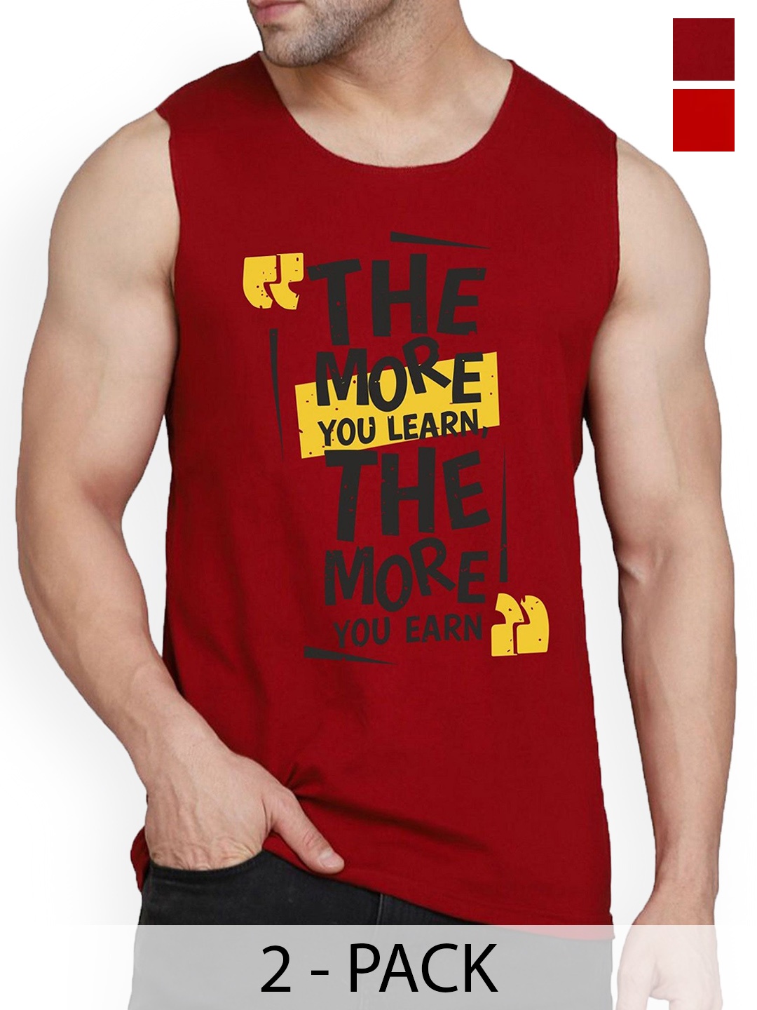 

Woostro Men Pack Of 2 Printed Pure Combed Cotton Gym Vests, Red