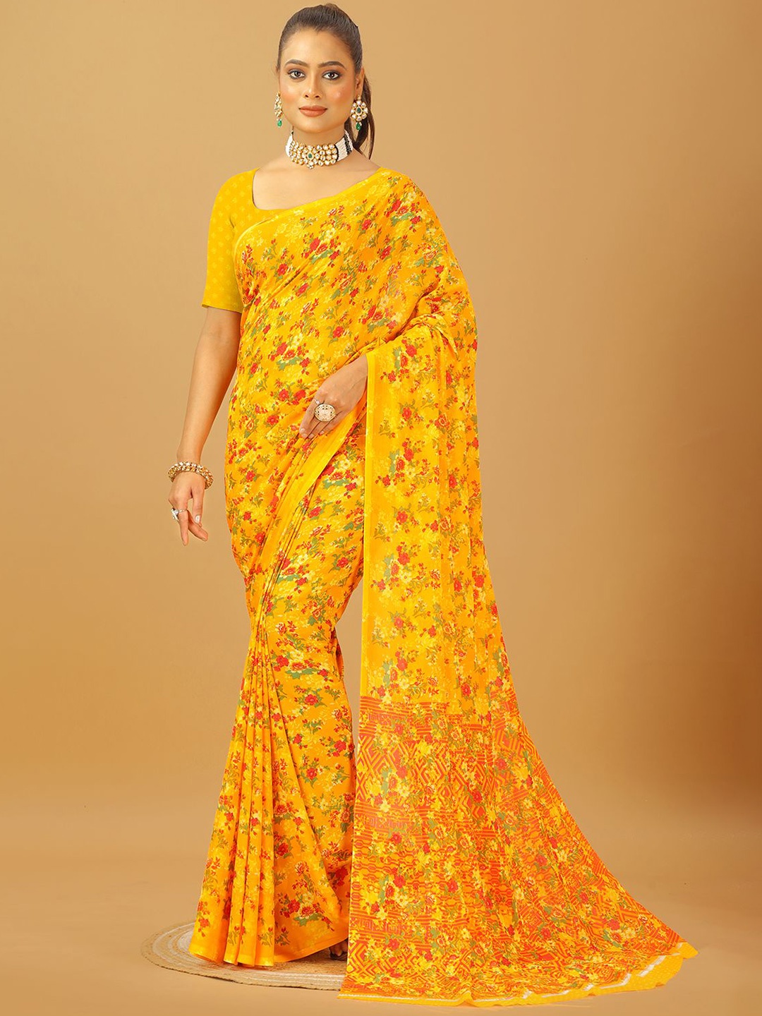 

A.V.M. SILK MILLS Floral Printed Pure Georgette Saree, Yellow