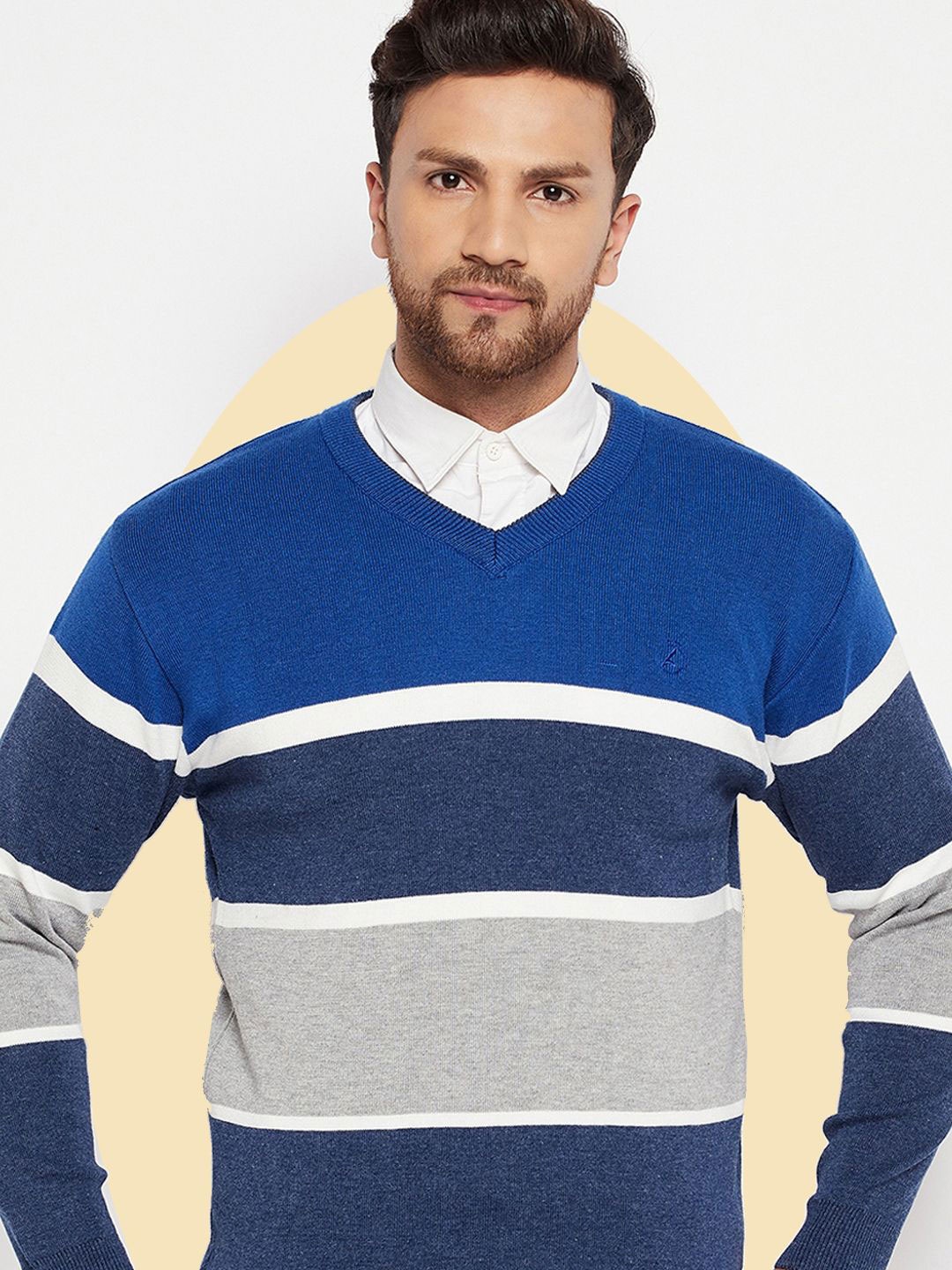 

LYCOS Men Striped Woollen Sweater Vest with Applique Detail, Grey