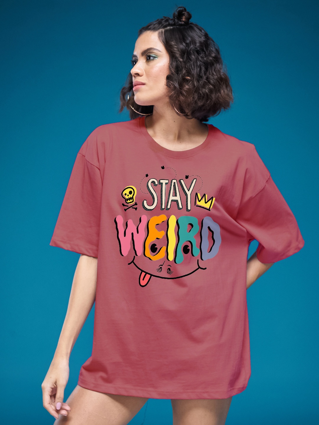 

SMARTEES Women Typography Printed Round Neck Cotton Oversized T-shirt, Pink