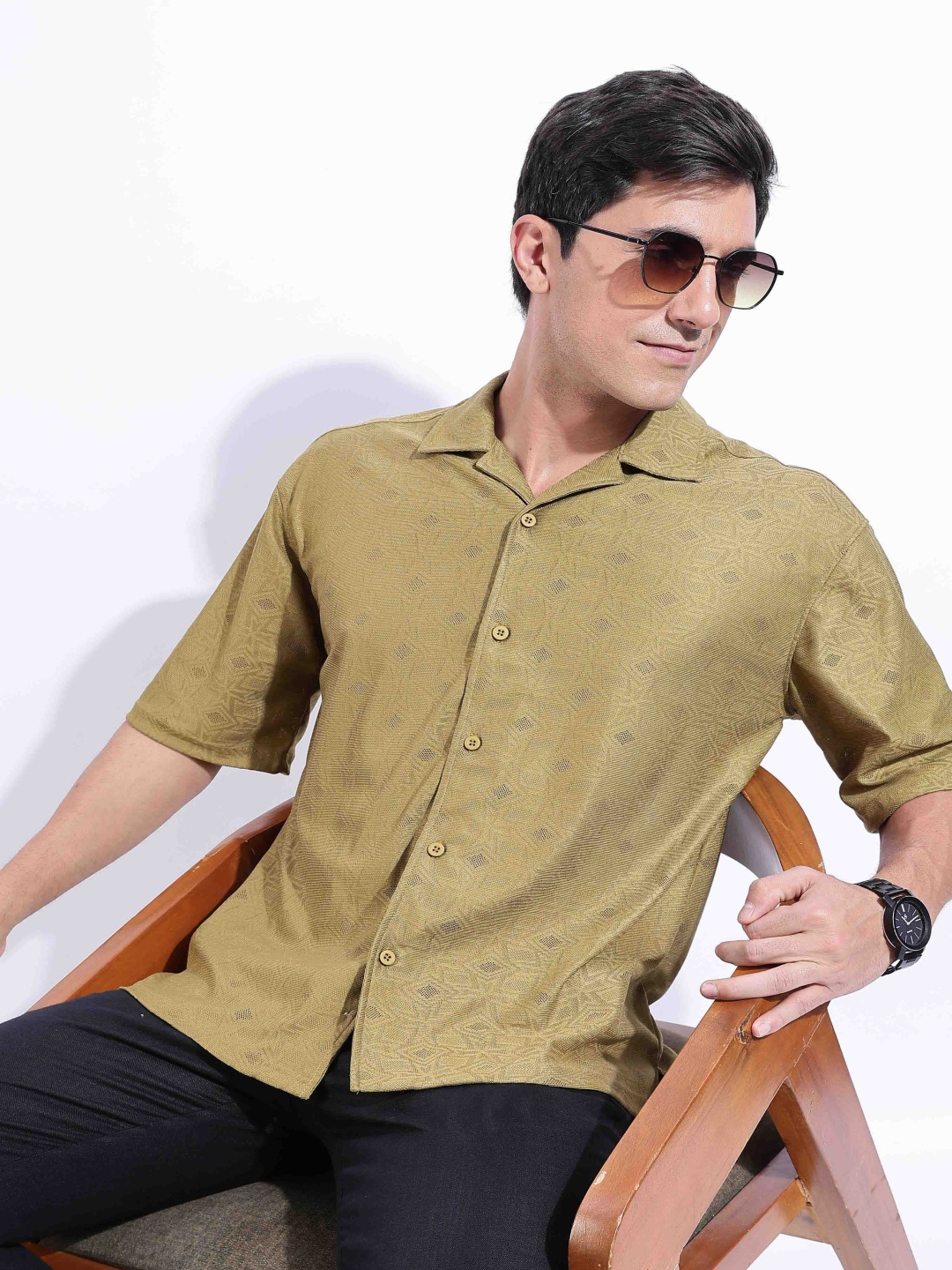 

HERE&NOW Men Relaxed Fit Cuban Collar Textured Casual Shirt, Mustard