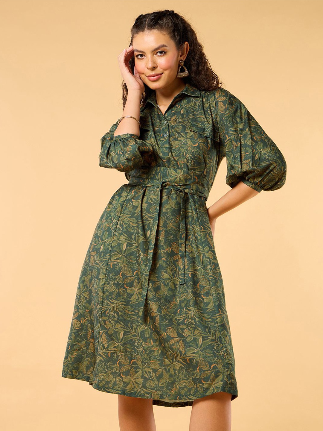 

Saaki Floral Printed Shirt Collar Puff Sleeves A-Line Dress With Waist Belt, Green