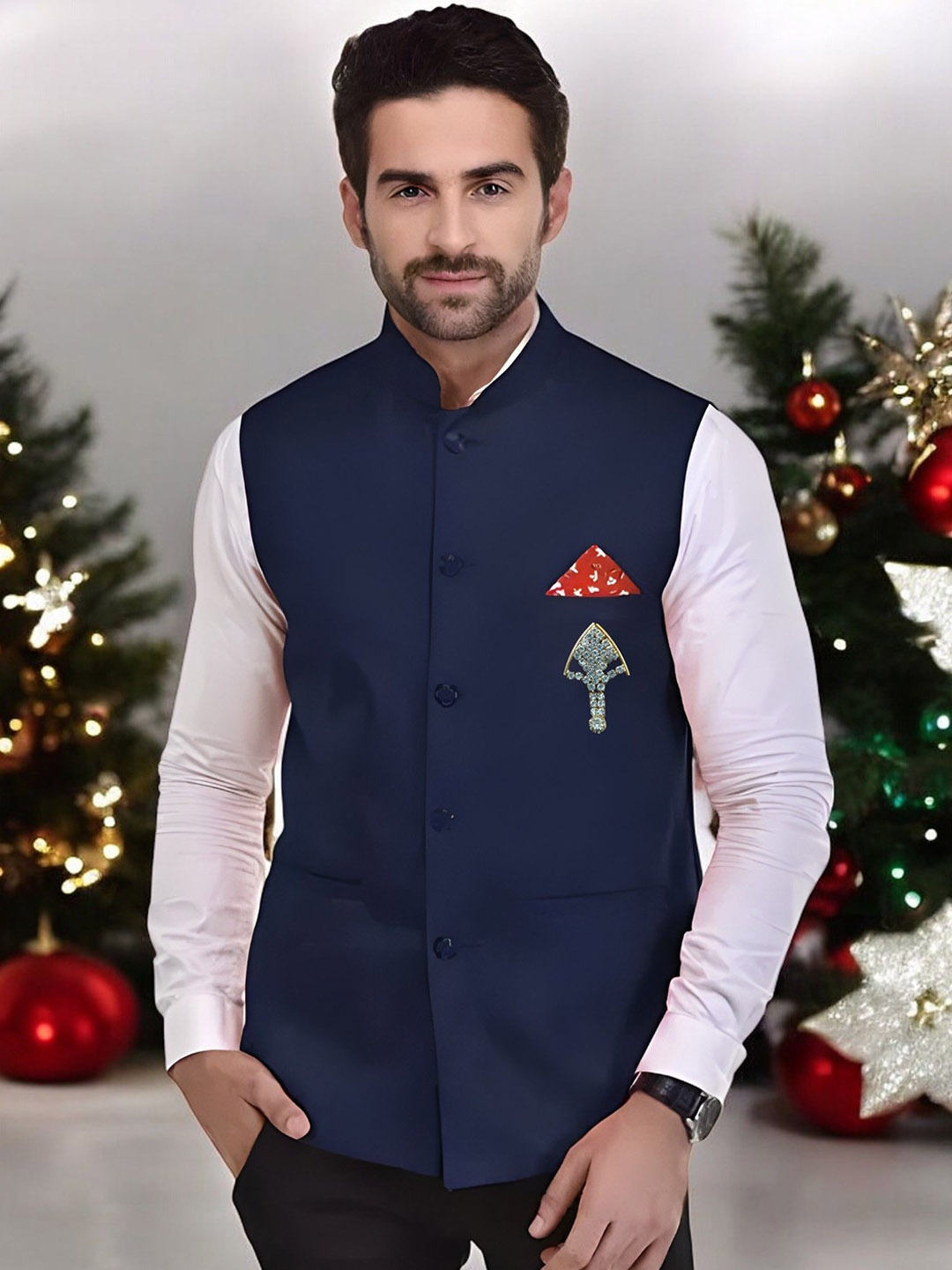 

Eliq Jute Cotton Mandarin Collar Nehru Jacket with Brooch, Navy blue