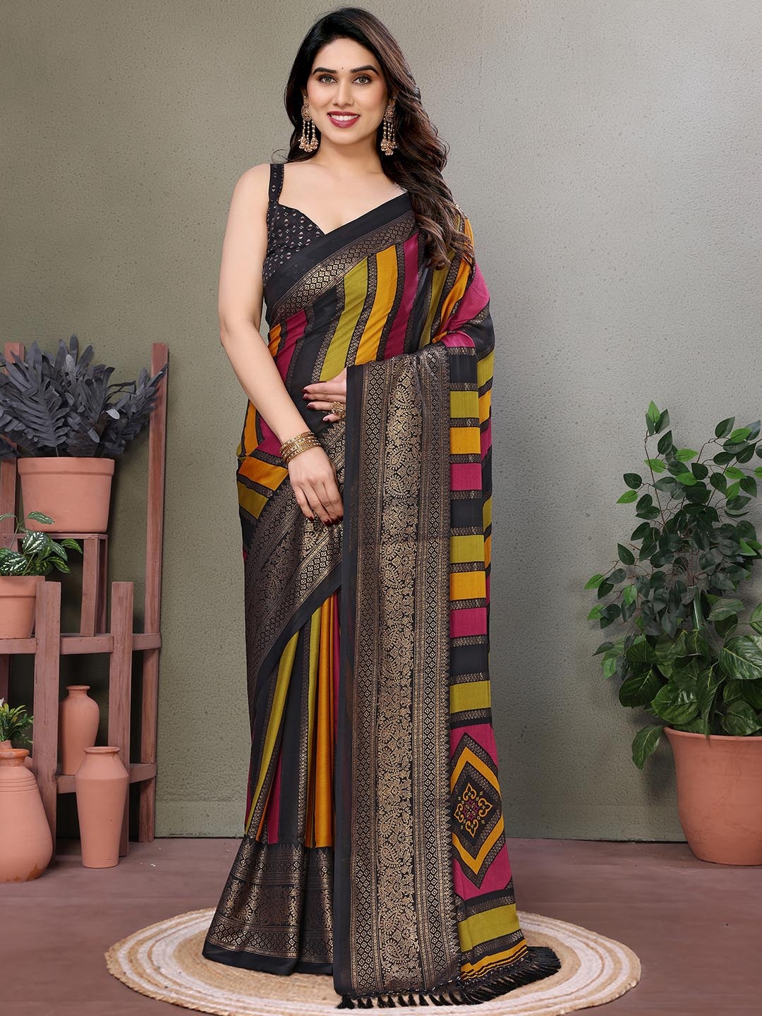 

Panzora Striped Embroidered Saree, Black