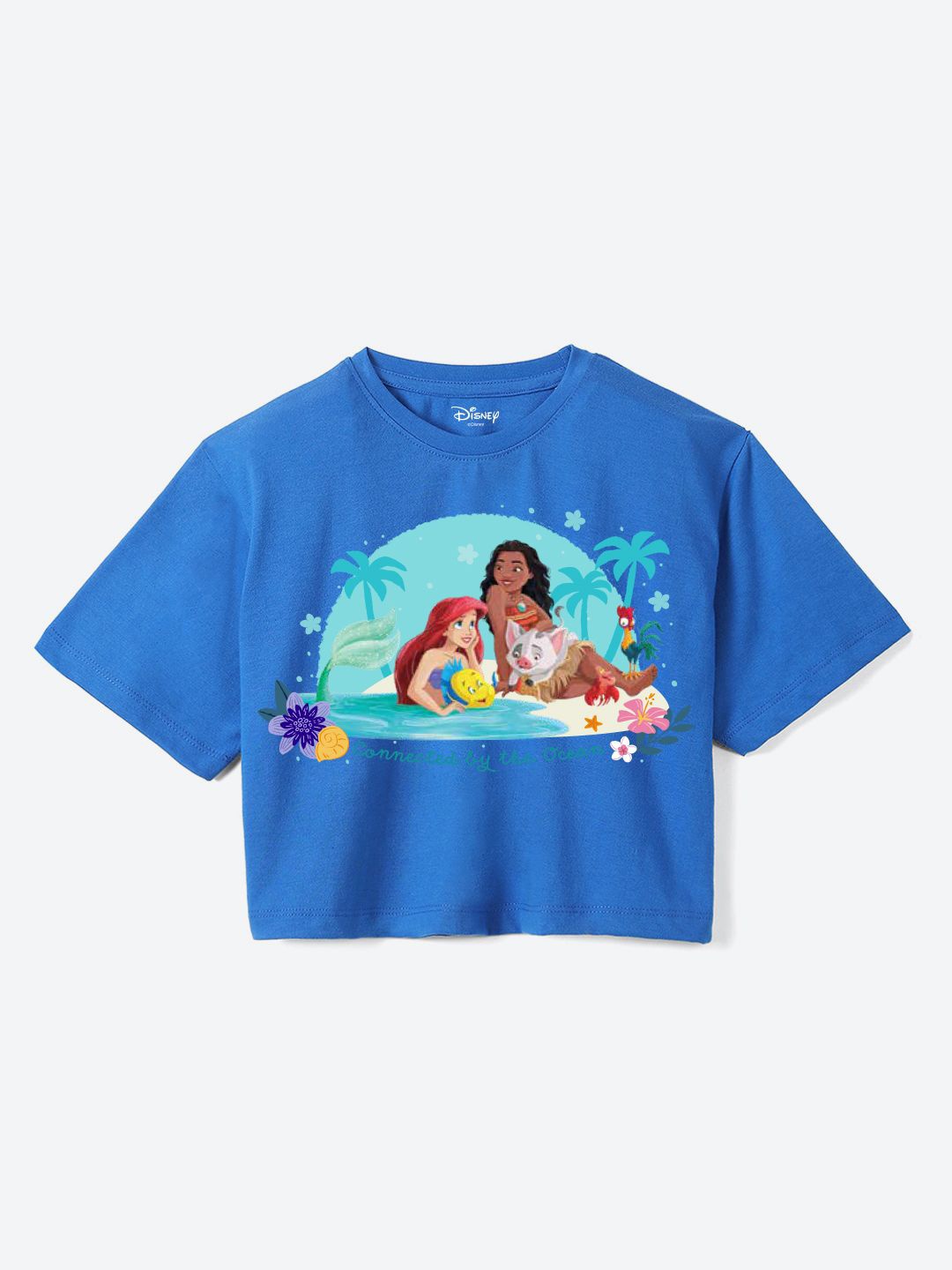 

YK Disney Girls Disney Princess Graphic Printed Round Neck Cotton Boxy T-shirt, Blue