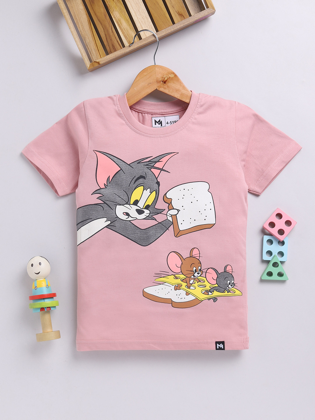 

YK X Minute Mirth Boys Tom & Jerry Graphic Printed Pure Cotton T-shirt, Pink