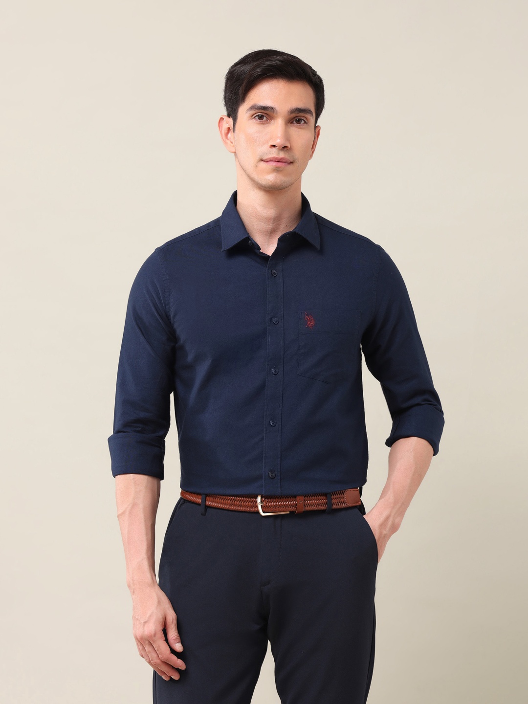 

U.S. Polo Assn. Men Classic Slim Fit Spread Collar Solid Cotton Casual Shirt, Navy blue