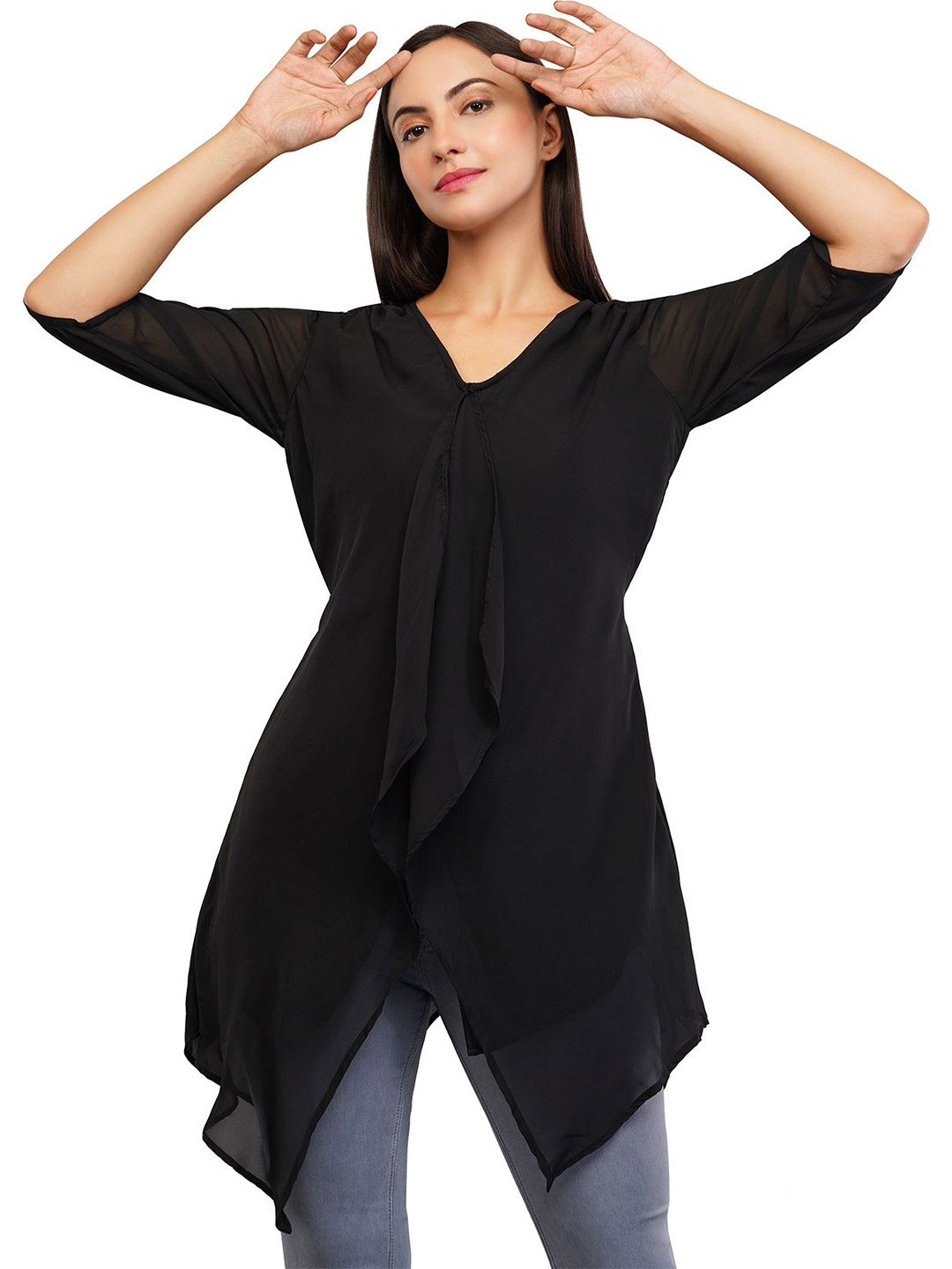 

Edla Women V-Neck Georgette A-Line Top, Black
