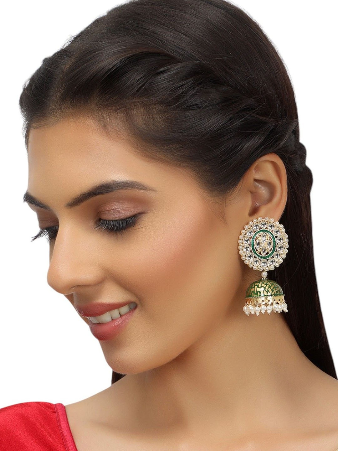 

Anouk Green Gold-Plated Artificial Stones Studded Dome Shaped Jhumkas