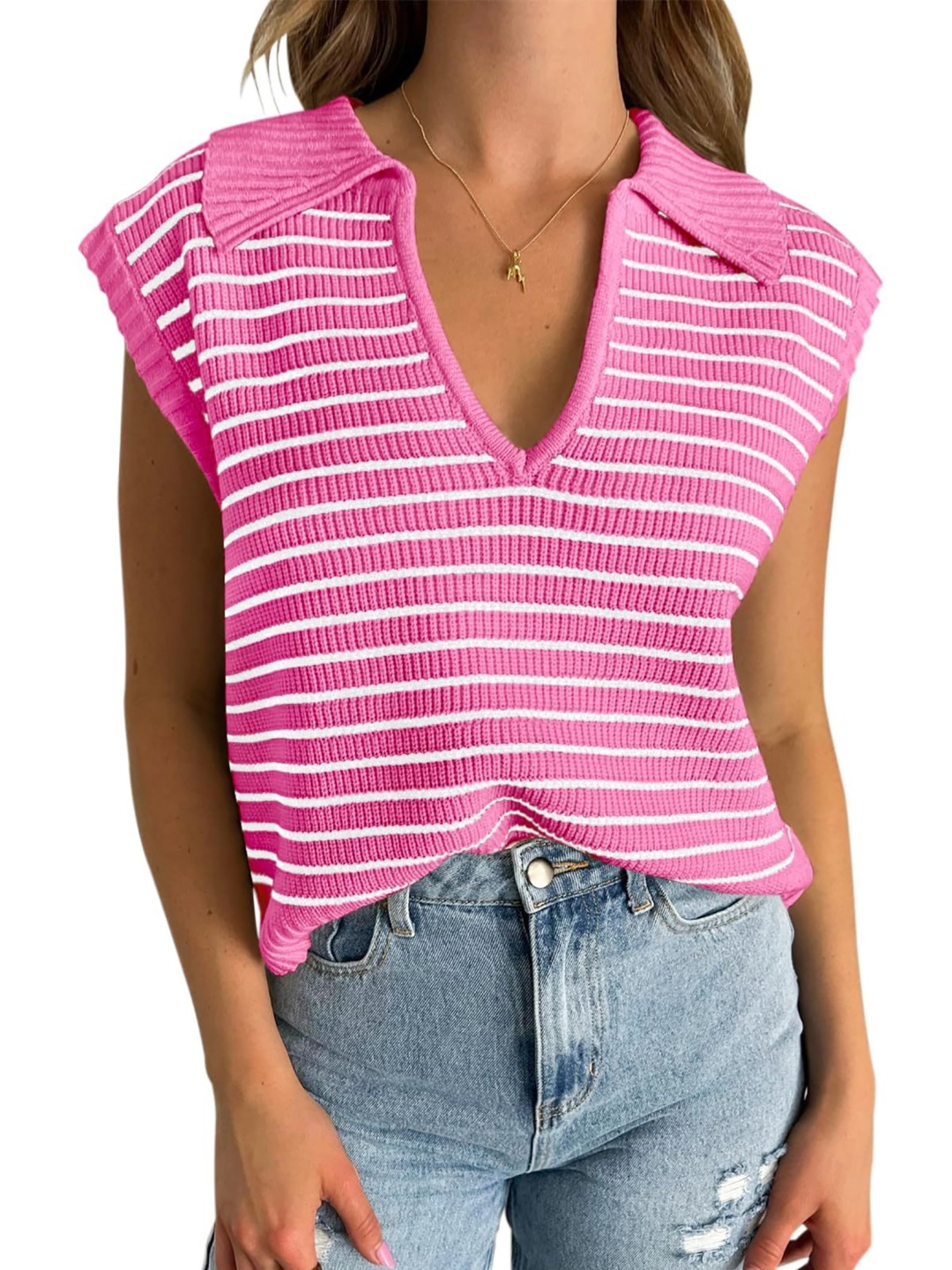 

StyleCast x Revolte Striped Shirt Collar Regular Top, Pink