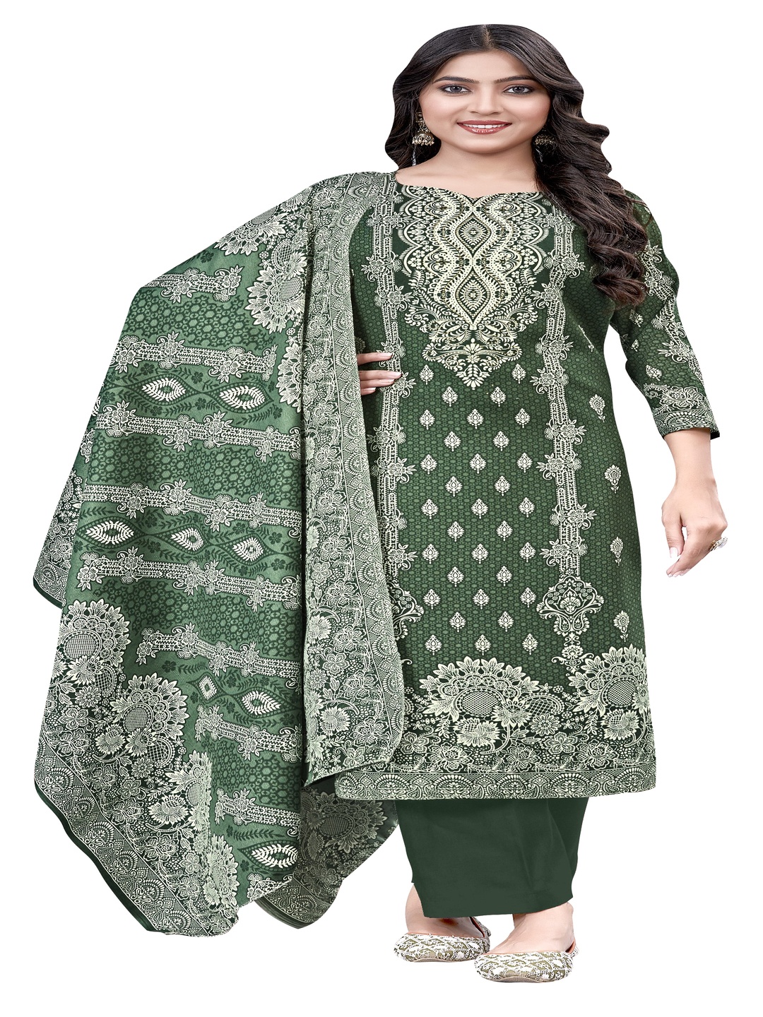 

DRAVINAM Trends Ethnic Motifs Printed Pashmina Unstitched Dress Material, Green