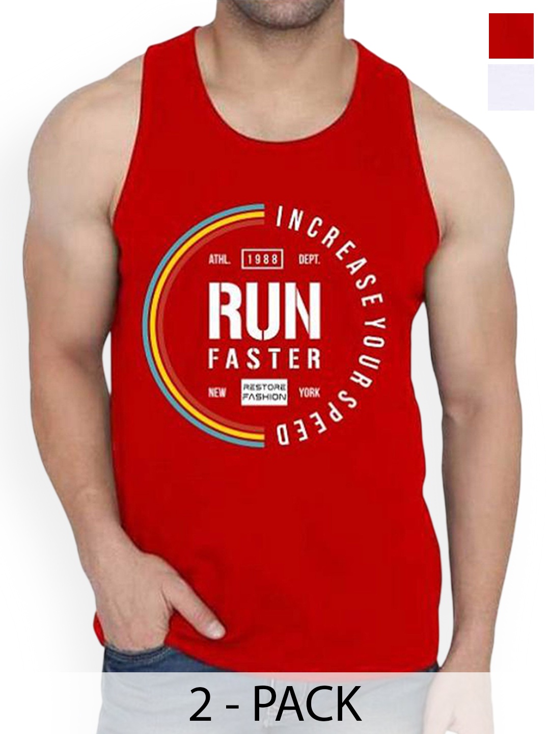 

WOOSTRO Men Pack Of 2 Printed Cotton Innerwear Gym Vests, Red