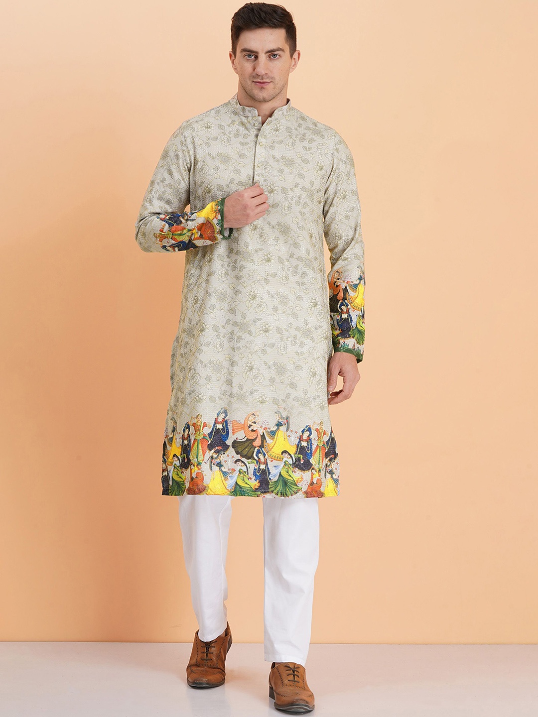 

SG LEMAN Men Floral Printed Regular Kurti with Pyjamas, Green