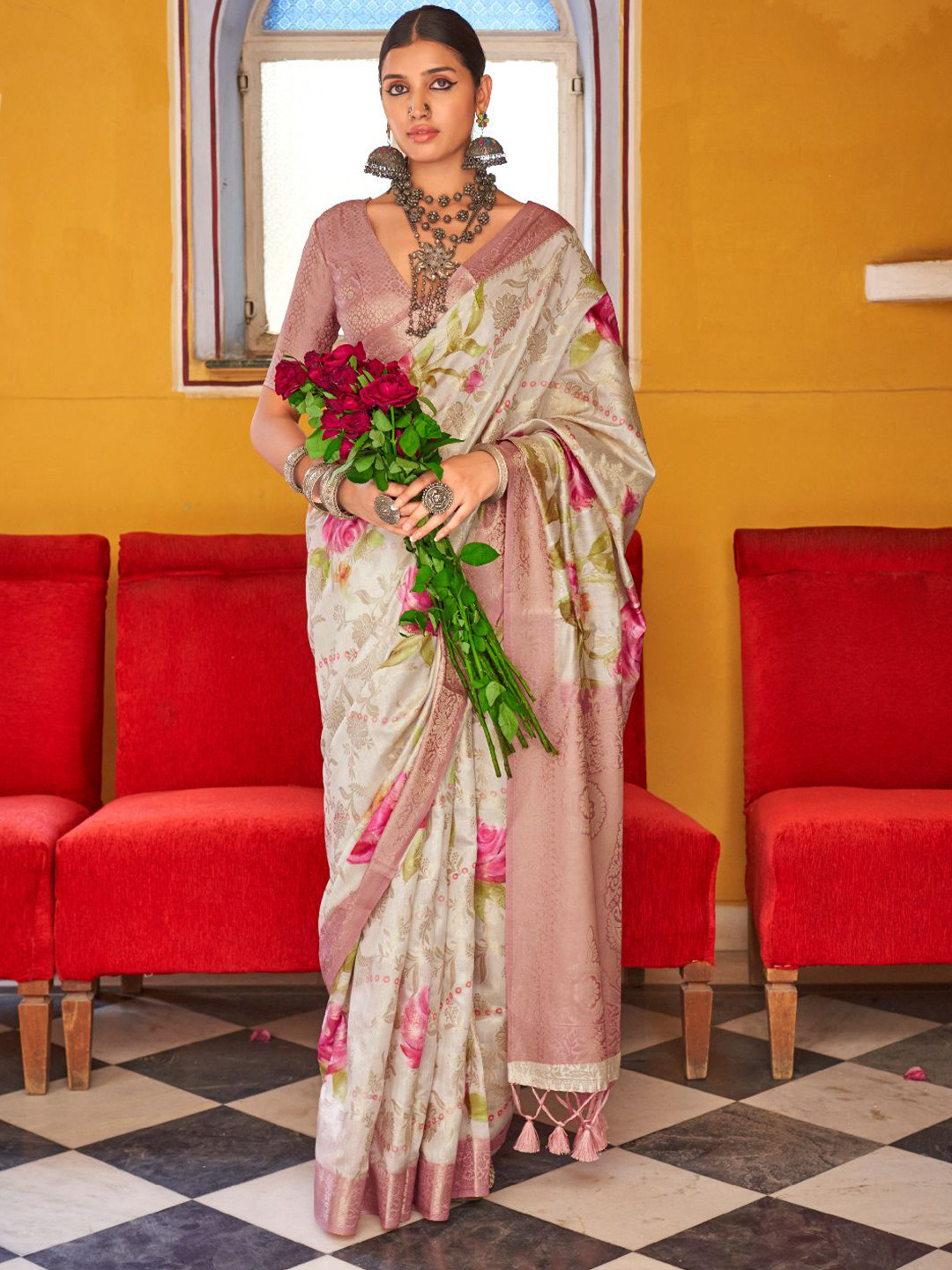 

Mitera Floral Printed Zari Saree, Off white