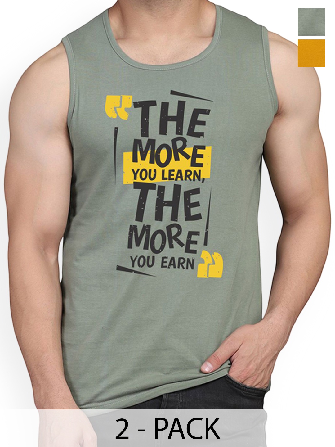 

WOOSTRO Pack Of 2 Printed Combed Cotton Gym Vest RS26 CMB (MORE LGTGREEN) (HARD MUSTARD), Green