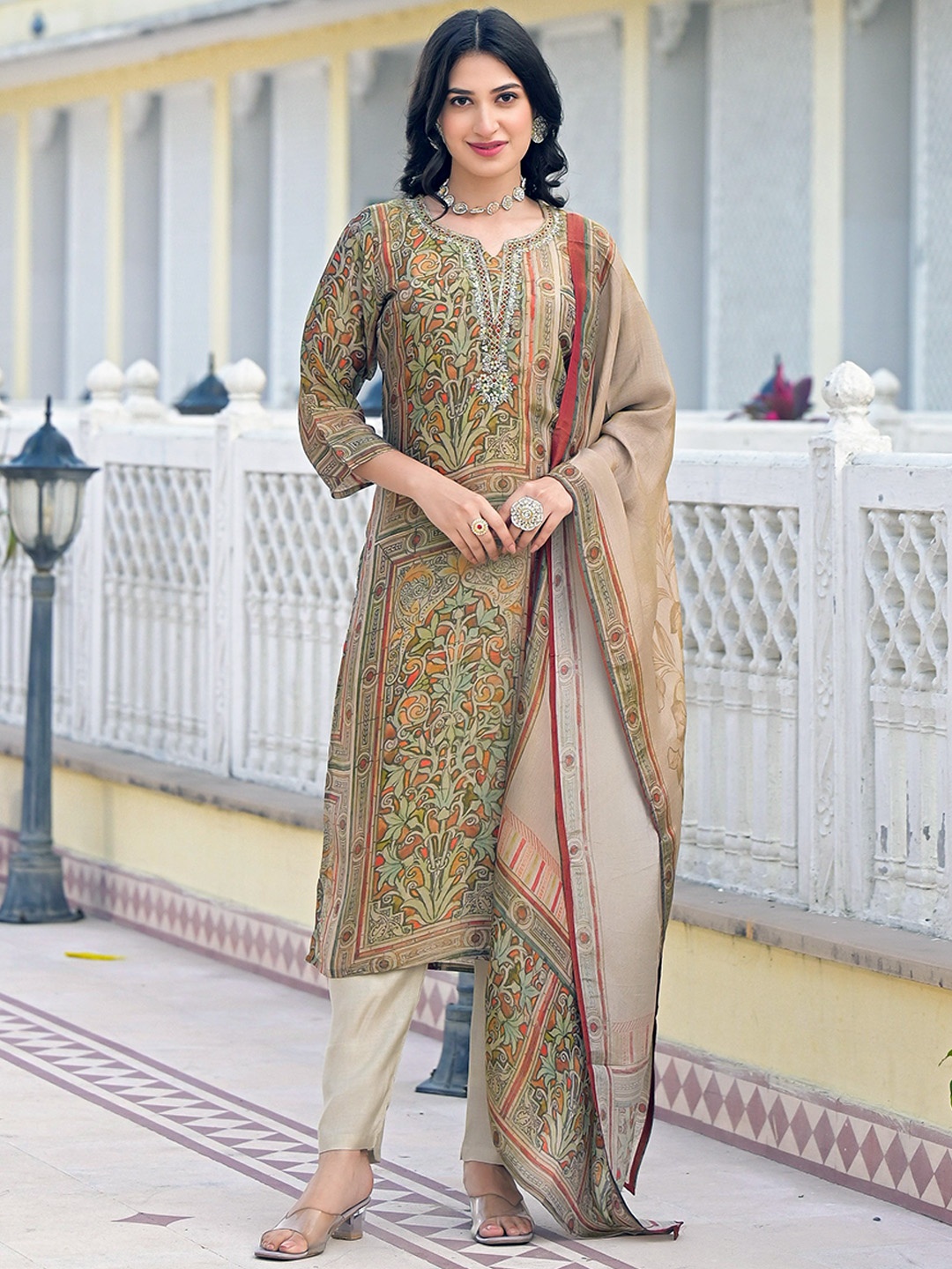 

Anouk Brown Ethnic Motifs Printed Gotta Patti Notch-neck Kurta With Trouser & Dupatta