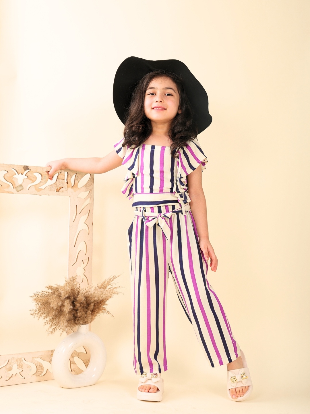 

Superminis Girls Striped Ruffle Sleeves Top With Trouser, White