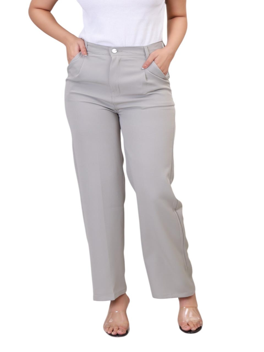 

VBEAUTI Women Original High-Rise Easy Wash Pleated Trousers, Grey