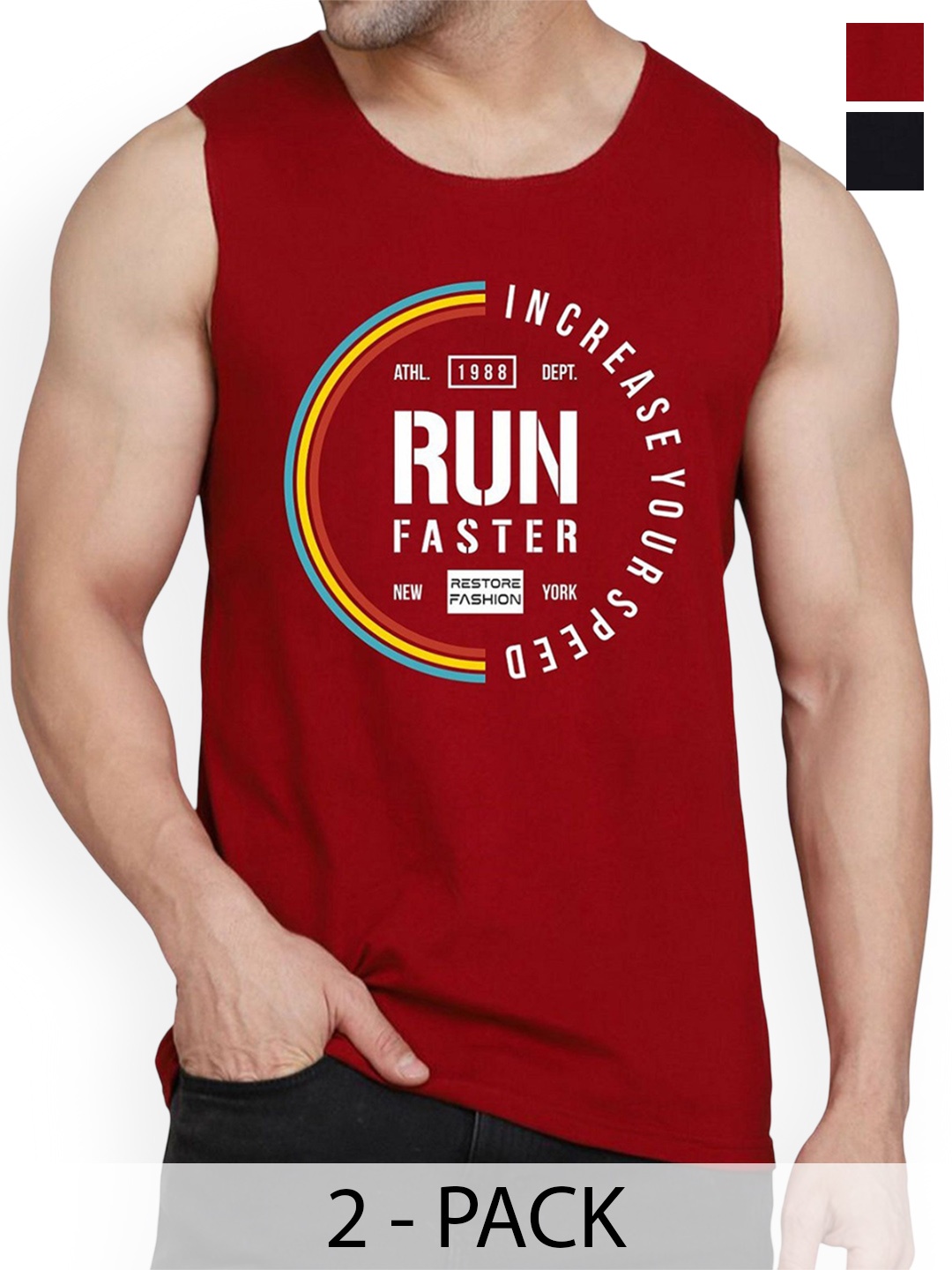 

Woostro Men Pack Of 2 Printed Cotton Gym Vests RS26 CMB (RUN MAROON) (98 BLACK)