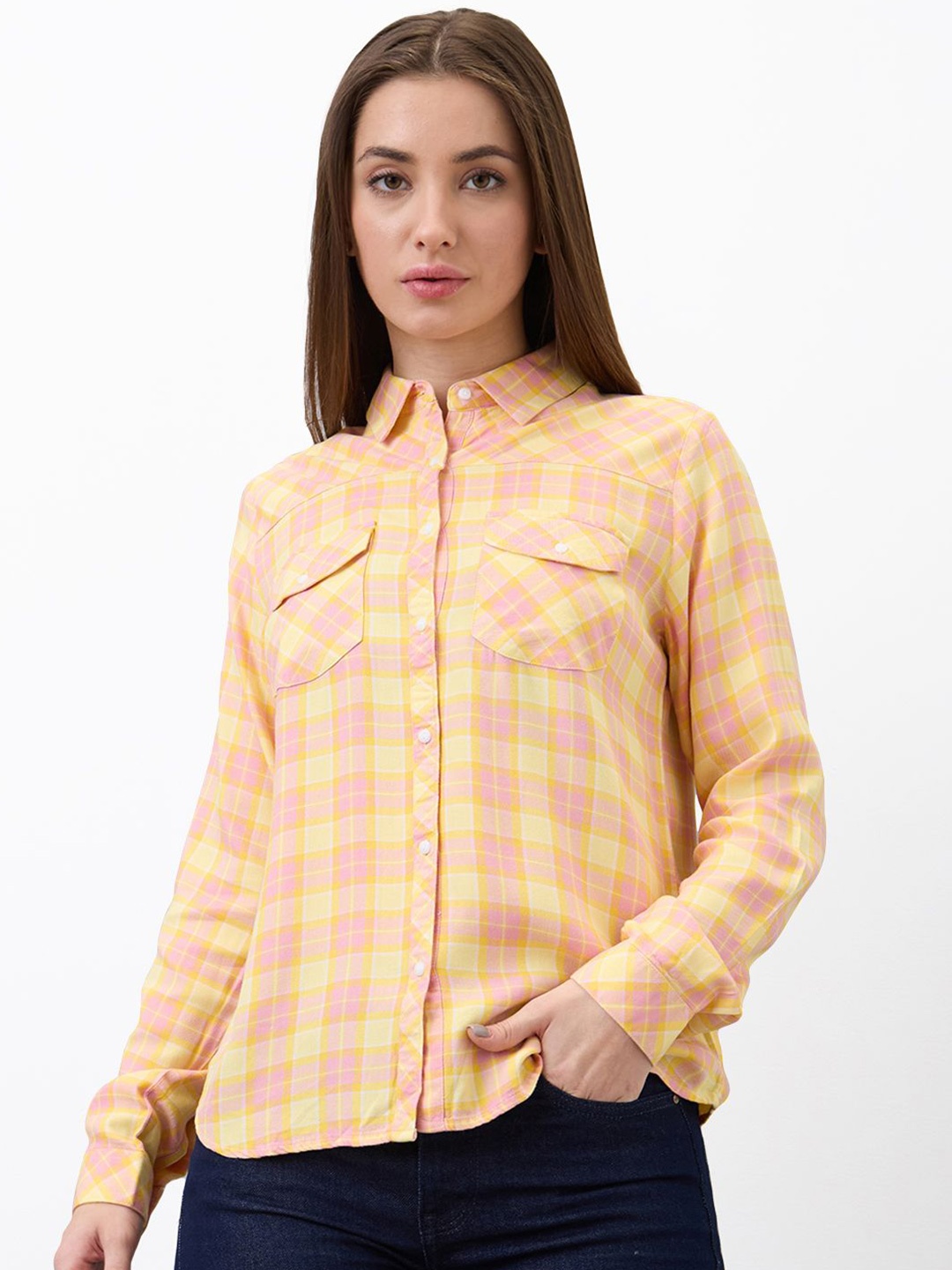 

SPYKAR Women Spread Collar Tartan Checked Casual Shirt, Yellow