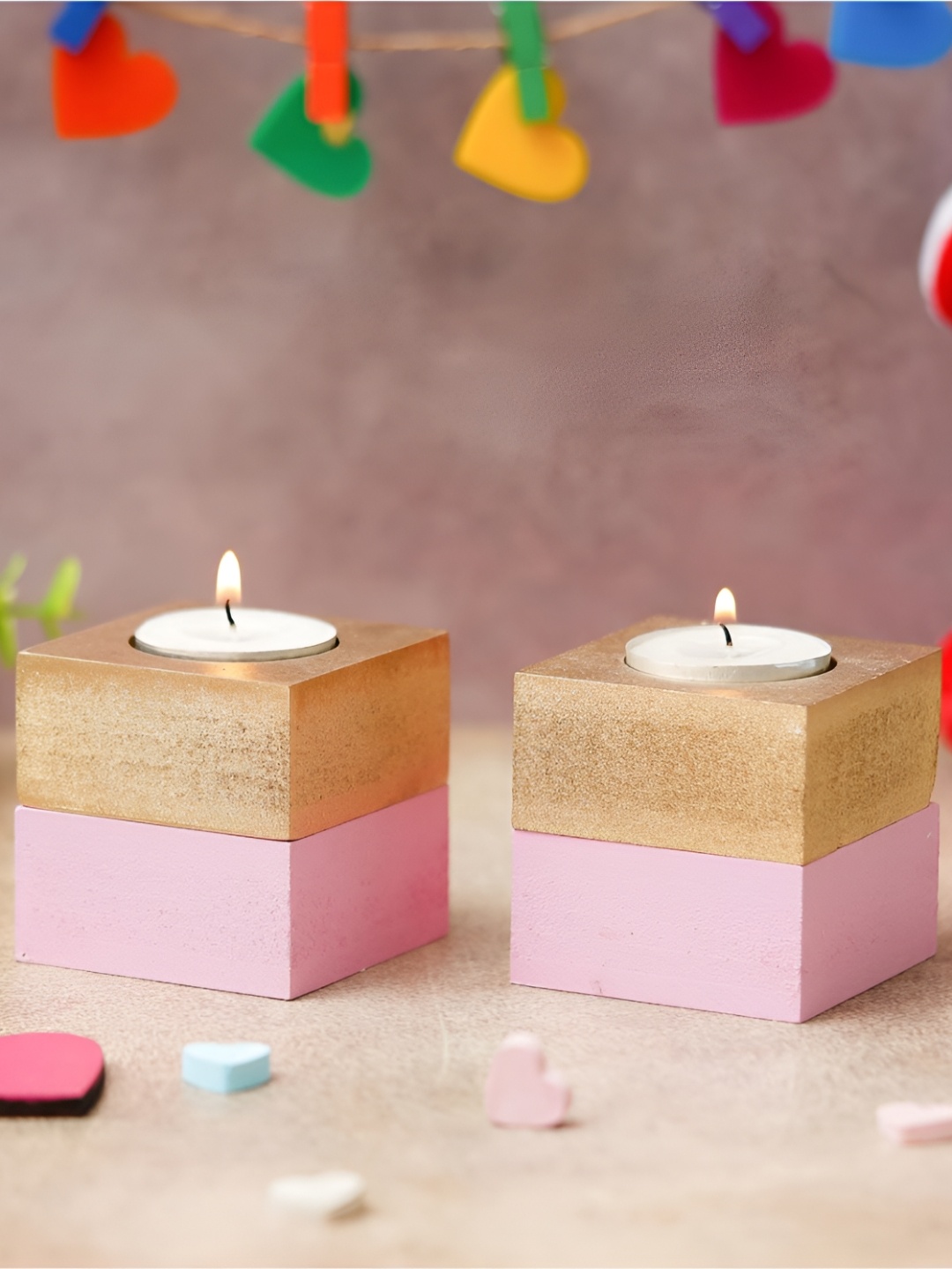 

eCraftIndia Brown & Pink 2 Pieces Wooden Tea Light Candle Holders