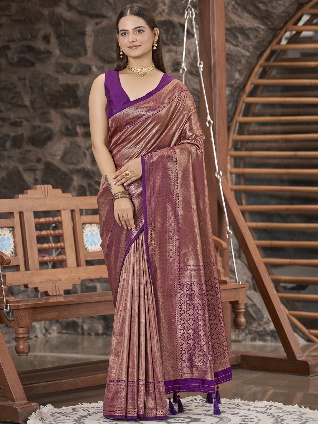 

SAREETHNIC Woven Design Zari Pure Silk Kanjeevaram Saree, Purple