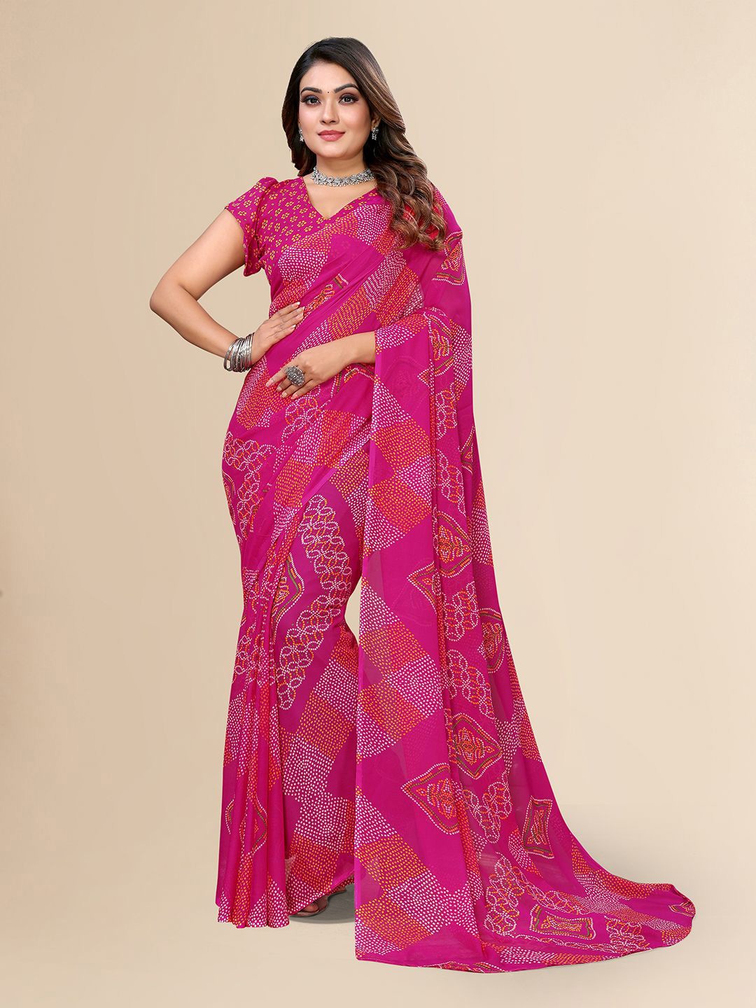 

Moda Rapido Bandhani Printed Saree, Pink