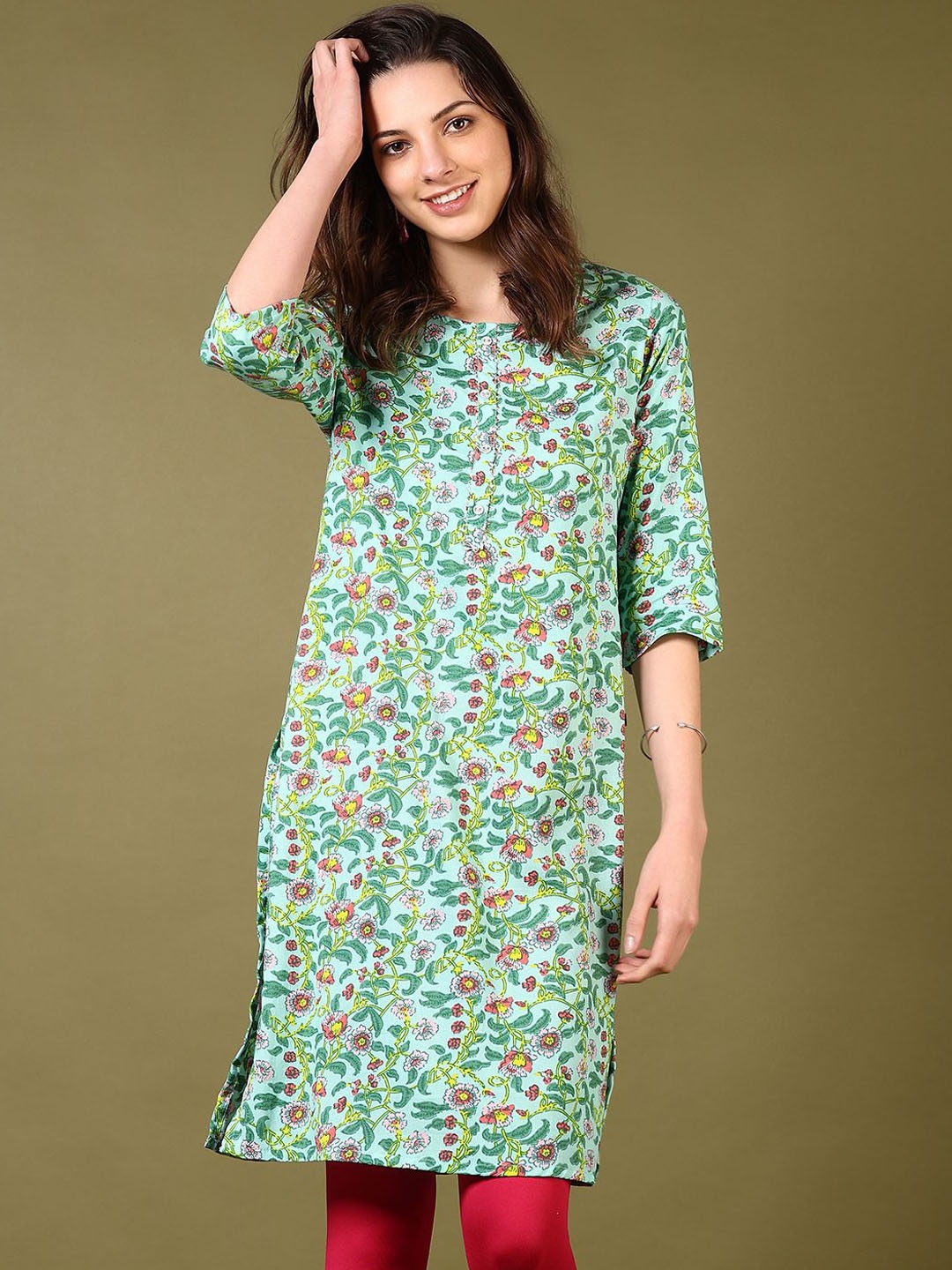 

V-Mart Floral Printed Round Neck Straight Kurti, Green