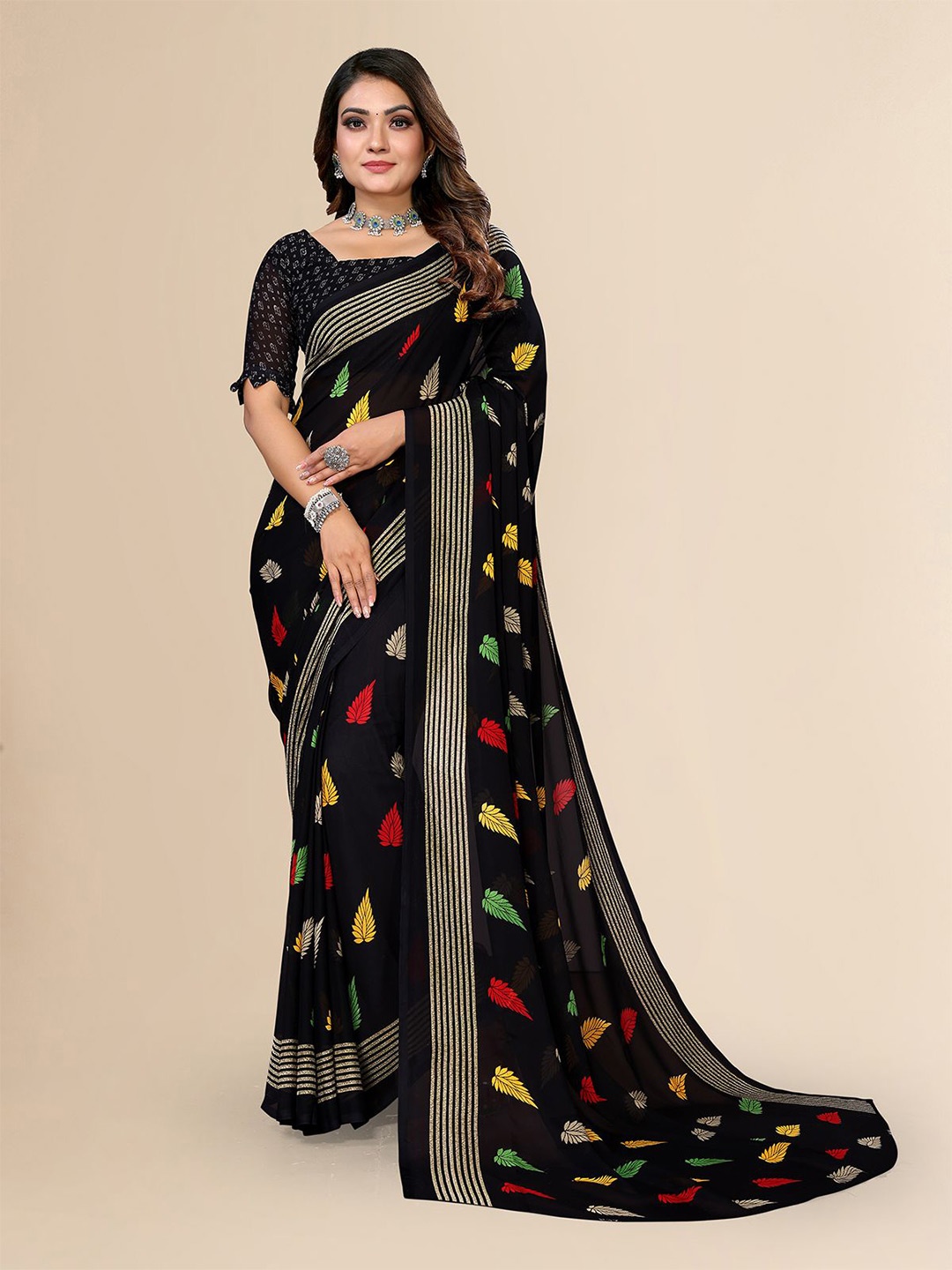 

Moda Rapido Floral Printed Saree with Blouse Piece, Black