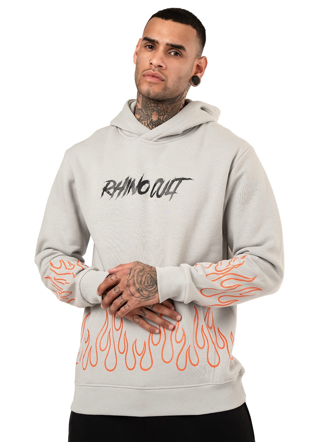 

RHINO CULT Men Printed Hooded Pullover Sweatshirt, Grey