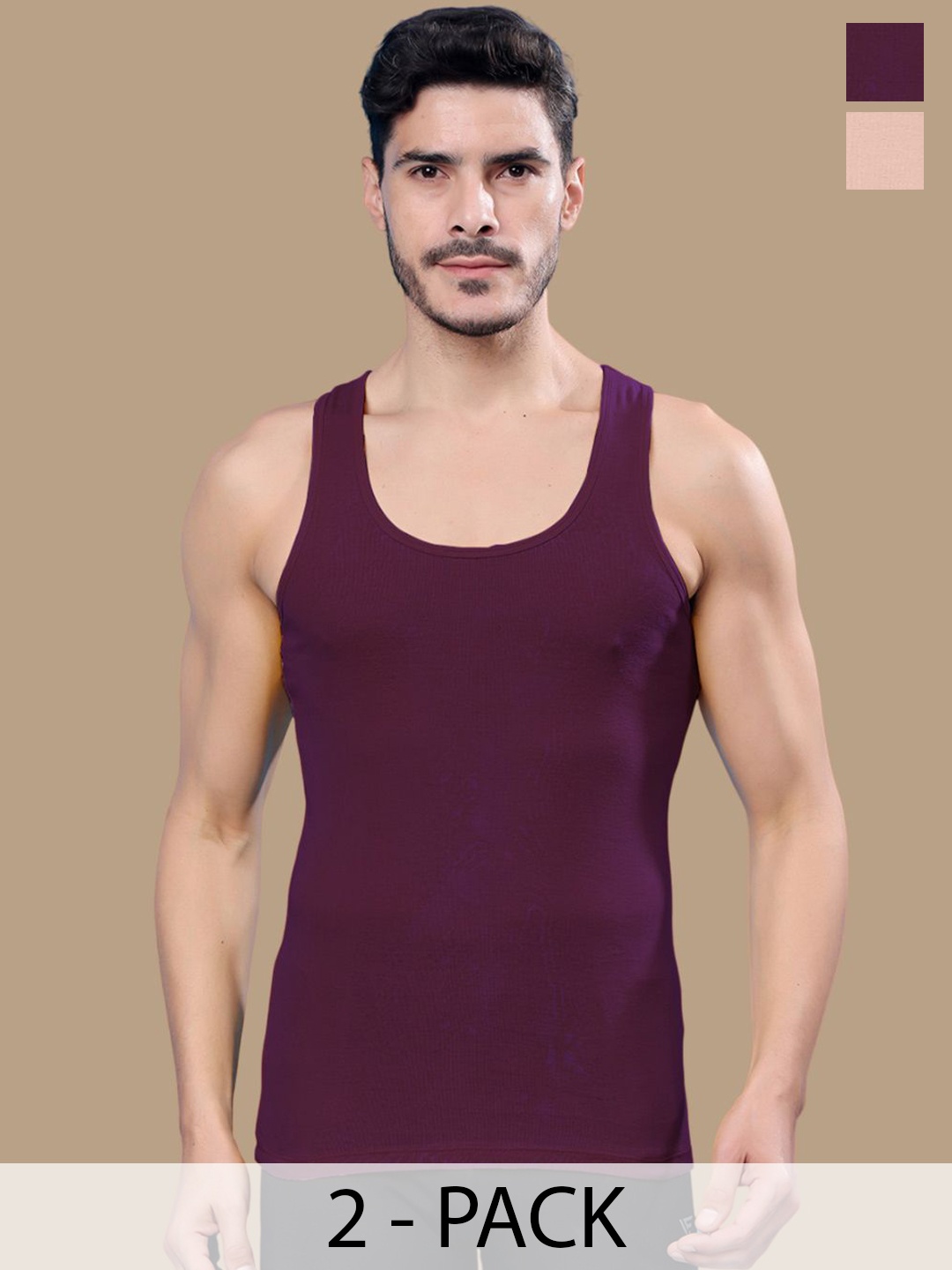 

Friskers Men Pack Of 2 Ribbed Cotton Gym Vests, Purple