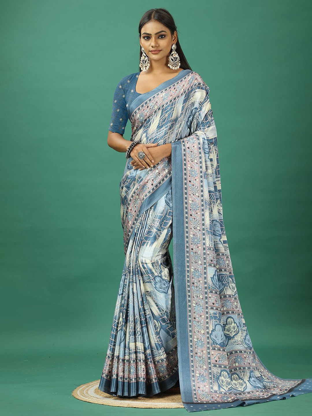 

A.V.M. SILK MILLS Ethnic Motifs Printed Pure Crepe Saree, Blue