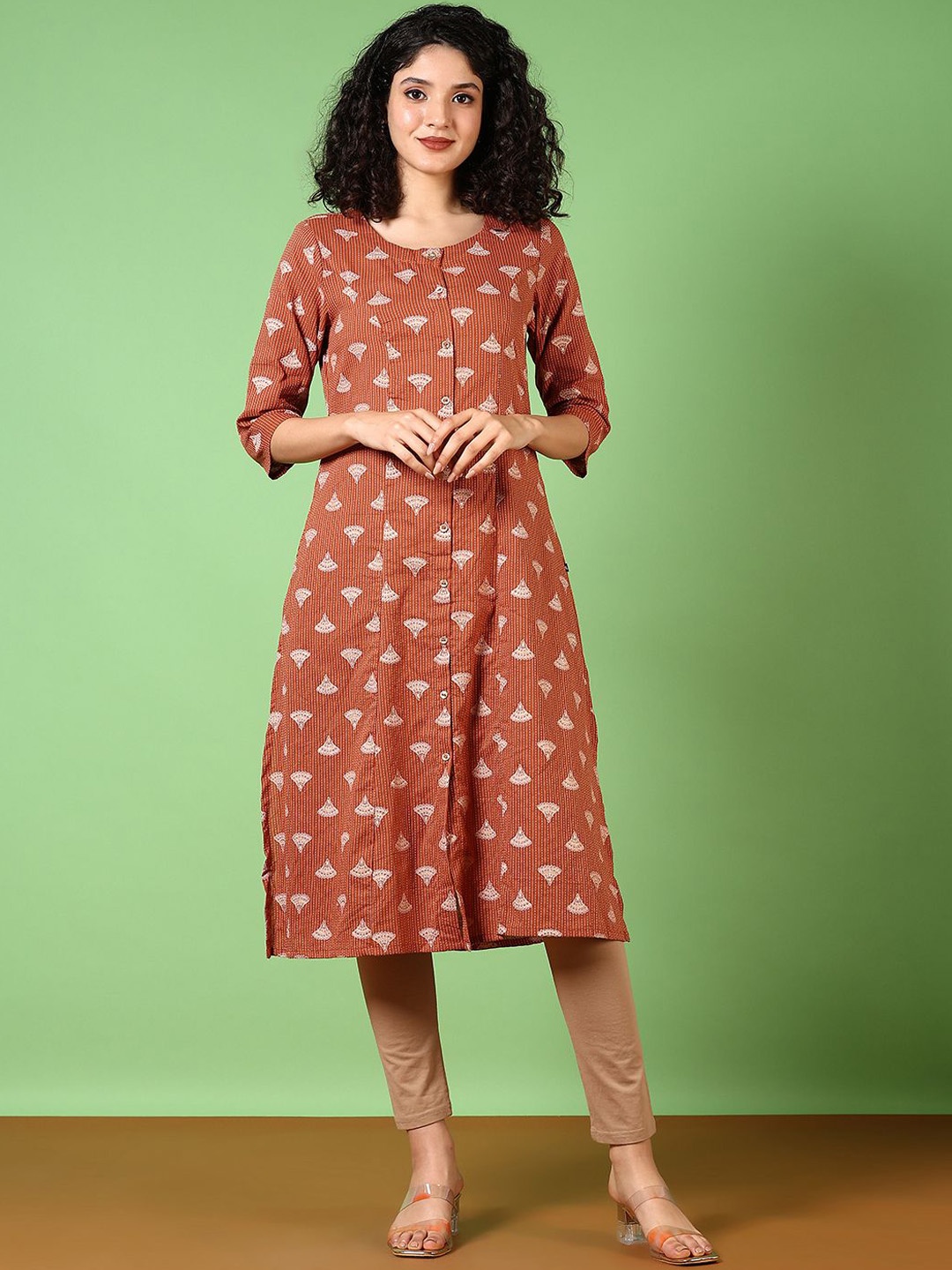 

V-Mart Quirky Printed Thread Work Cotton A-Line Kurta, Rust