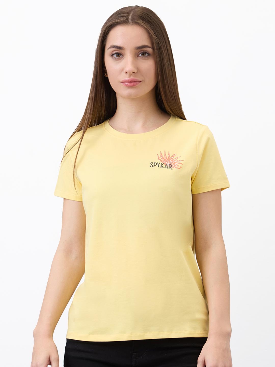 

SPYKAR Women Regular Fit Graphic Printed Round Neck Cotton T-shirt, Yellow