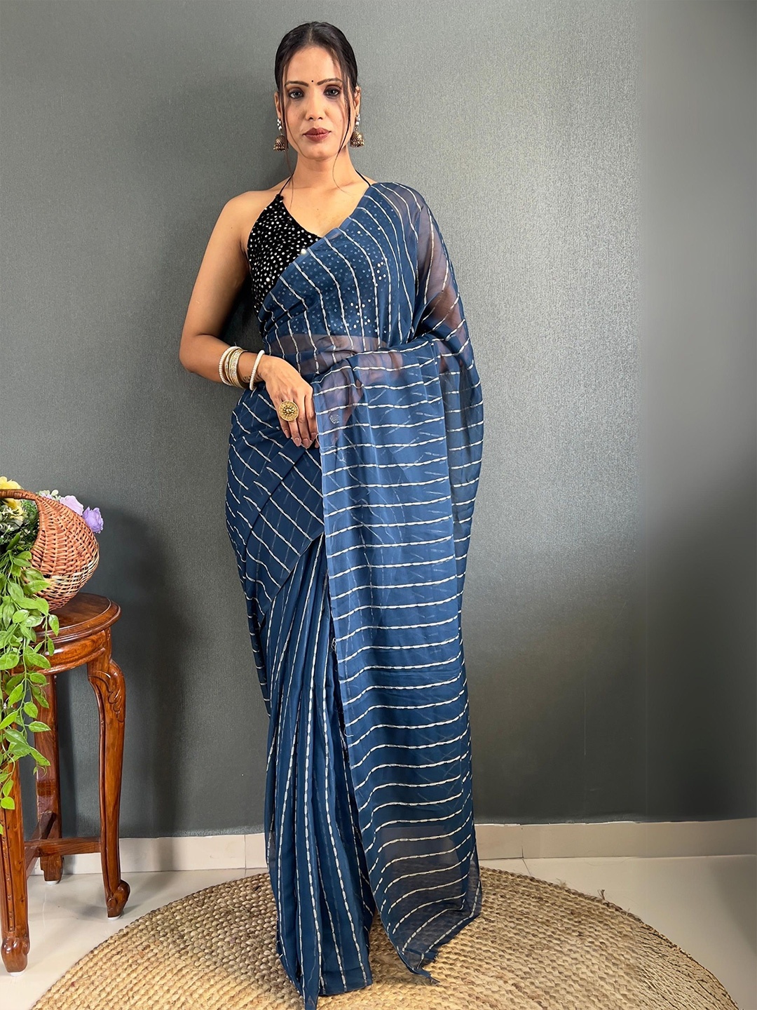 

Moda Rapido Striped Pure Georgette Saree, Blue