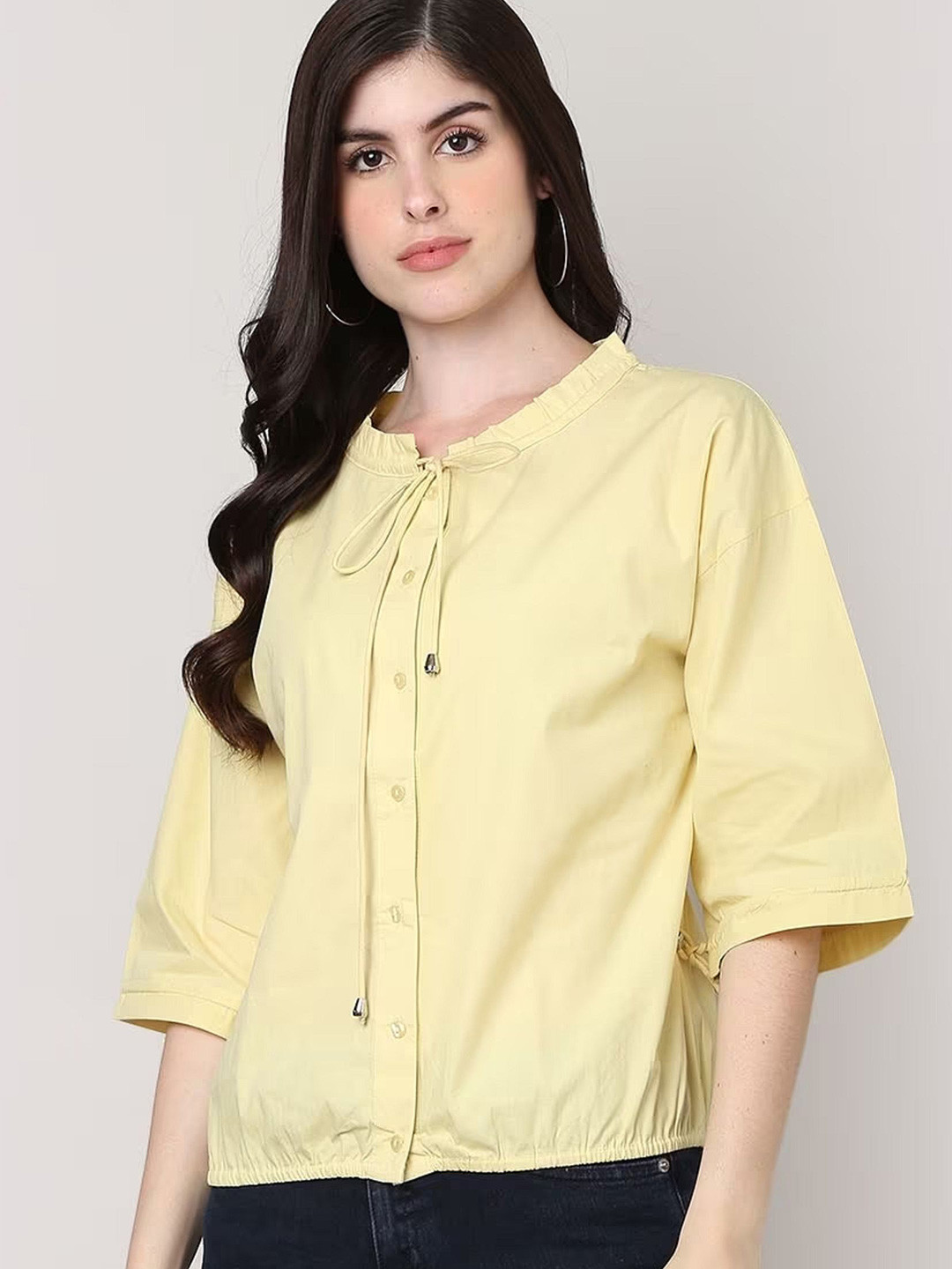 

SAKURA Tie-Up Neck Cotton Shirt Style Top, Cream