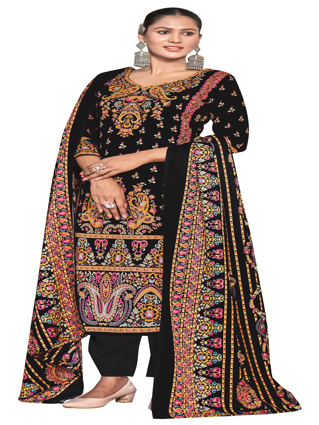 

DRAVINAM Trends Ethnic Motifs Printed Pashmina Unstitched Dress Material, Black