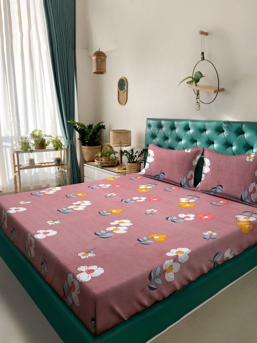 

HOSTA HOMES Pink & White Floral Printed 280 TC Queen Bedsheet Set 1.82 m X 1.10 m