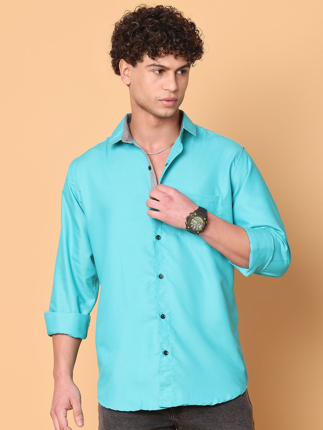 

Tanip Men Spread Collar Solid Cotton Casual Shirt, Teal