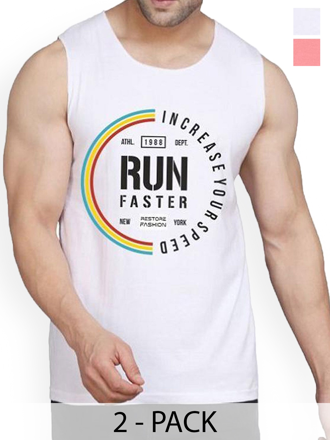 

Woostro Men Pack Of 2 Printed Cotton Gym Innerwear Vests RS26 CMB (RUN WHITE) (HARD PEACH)
