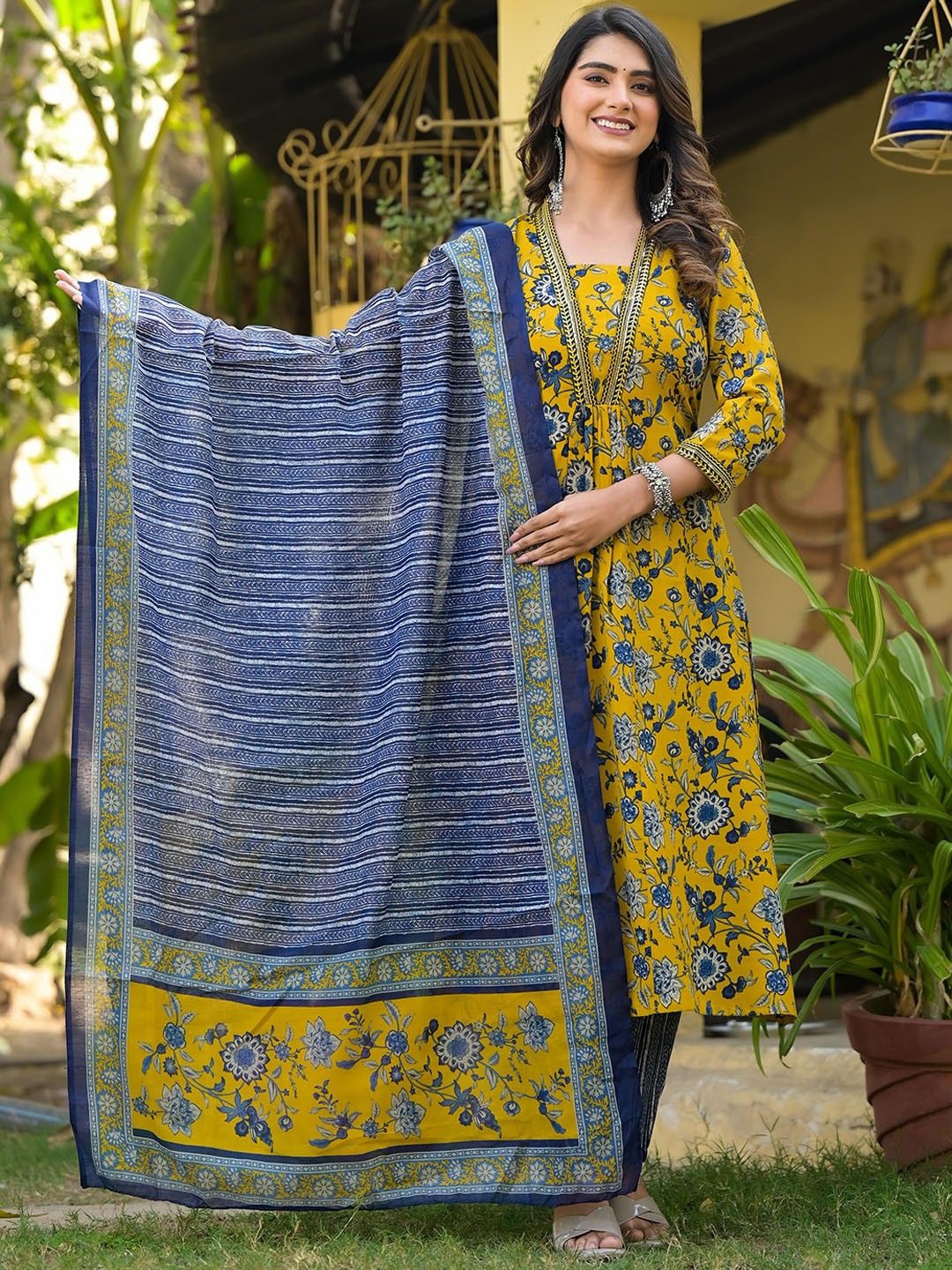 

LADY SHOPI Floral Printed V-Neck Straight Kurta With Trousers And Dupatta, Yellow