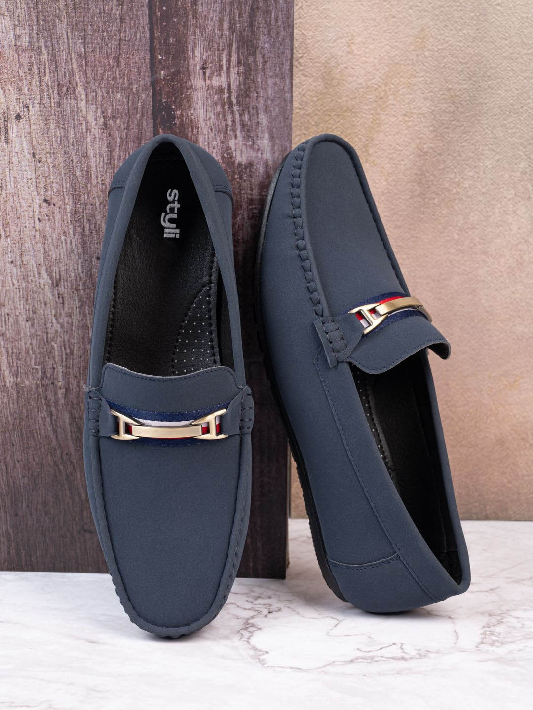 

Styli Men Faux Suede Loafers with Buckle Detail, Navy blue