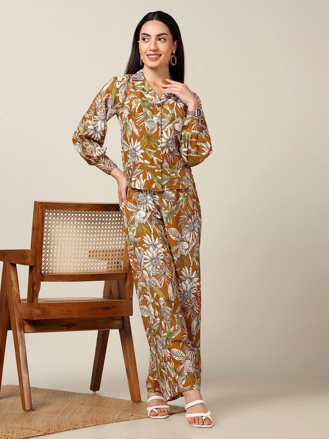 

Moda Rapido Floral Printed Shirt Collar Long Sleeves Shirt With Trousers, Mustard