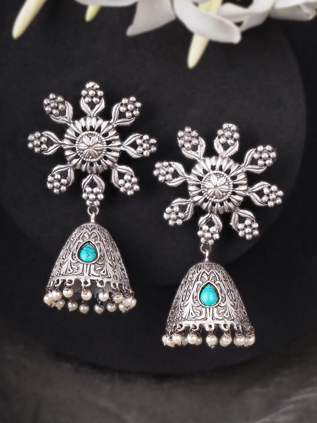 

Sangria Blue Silver-Plated Turquoise Stones Studded & Pearls Beaded Oxidised Jhumkas